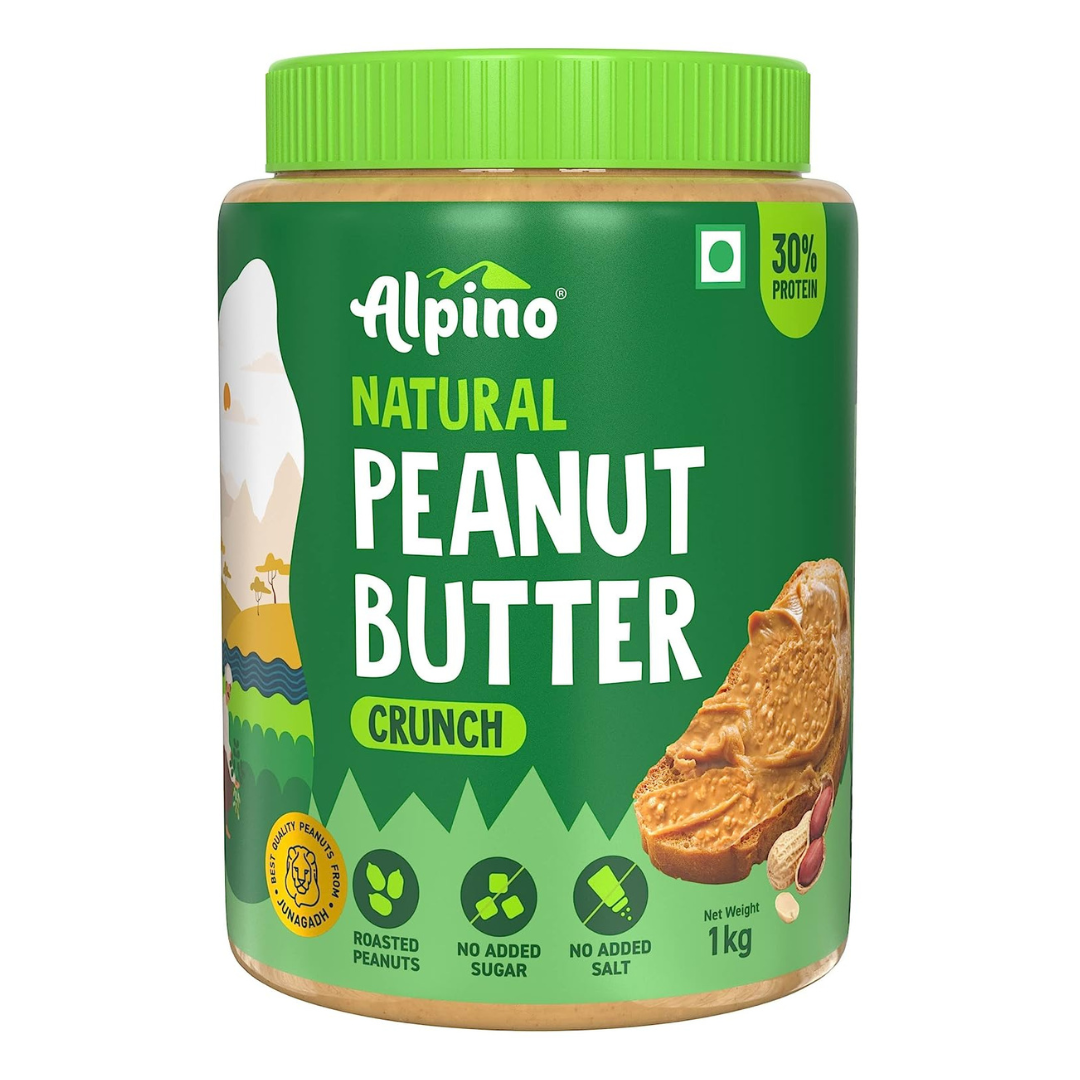 ALPINO Natural Peanut Butter Crunch 1kg - 100% Roasted Peanuts - 30g Protein, No Added Sugar & Salt, Non-GMO, Gluten Free, Vegan – Plant Based, Unsweetened Peanut Butter Crunchy